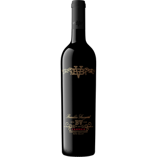 Black wine bottle with gold and red label on a white background