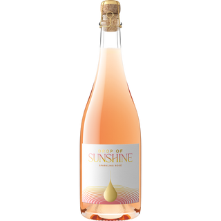Bottle of sparkling rose wine labeled 'Drop of Sunshine' on a white background