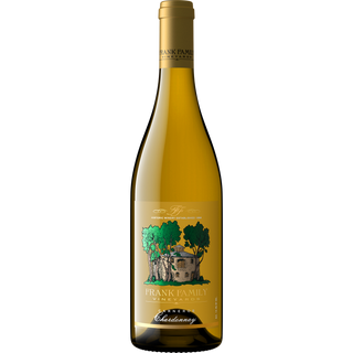 Wine bottle with a label featuring trees and a building on a white background