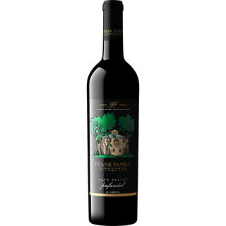 Wine bottle with a label featuring a scenic design on a white background