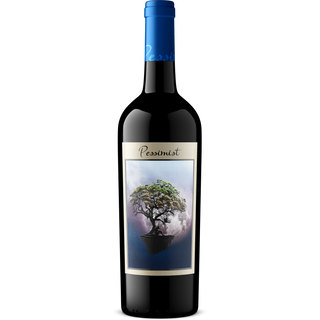 A bottle of Pessimist red wine with a dark glass body, a blue foil capsule at the top, and a decorative label featuring a bonsai tree on a purple background.