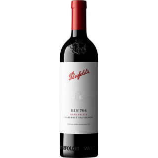 A bottle of Penfolds Bin 704 Napa Valley Cabernet Sauvignon red wine, featuring a white label with red script branding and a dark glass bottle with a red foil top, isolated on a white background.