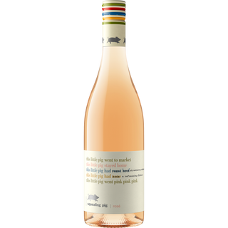 Bottle of pink wine with a colorful label on a white background