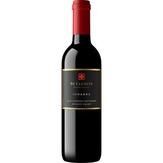 Red wine bottle with a visible label on a white background